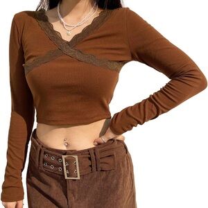 Brown Long Sleeve Crop Top